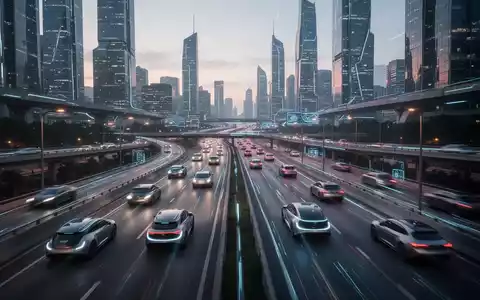 Futuristische Stadtsilhouette in der Dämmerung mit selbstfahrenden Autos auf Autobahnen, die weniger Verkehrsstau zeigen. - Foto: über boerse-global.de