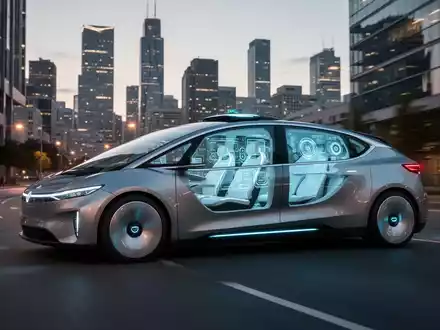 Ein futuristisches Robotaxi fährt auf einer städtischen Straße bei Dämmerung, ohne sichtbares Lenkrad oder Pedale. - Foto: über boerse-global.de