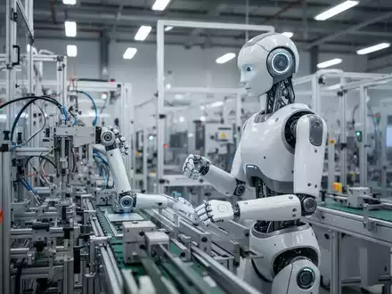 Ein humanoider Roboter mit schlankem, modernem Design steht in einer hell erleuchteten High-Tech-Fertigungsanlage und scheint mit Maschinen zu interagieren. - Foto: über boerse-global.de