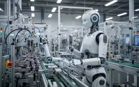 Ein humanoider Roboter mit schlankem, modernem Design steht in einer hell erleuchteten High-Tech-Fertigungsanlage und scheint mit Maschinen zu interagieren. - Foto: über boerse-global.de
