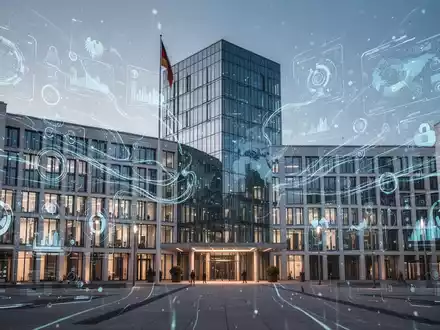Moderne deutsche Verwaltungsgebäude mit digitalen Overlays, die die Vereinfachung und Digitalisierung von Behördendiensten darstellen. - Foto: über boerse-global.de
