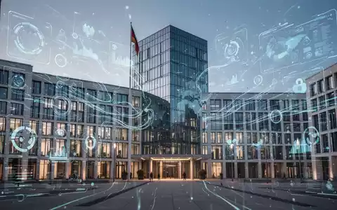 Moderne deutsche Verwaltungsgebäude mit digitalen Overlays, die die Vereinfachung und Digitalisierung von Behördendiensten darstellen. - Foto: über boerse-global.de