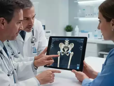 Ein Arzt und eine Patientin betrachten gemeinsam ein Tablet mit einem 3D-Modell eines Hüftgelenks, während der Arzt Erklärungen gibt. - Foto: über boerse-global.de