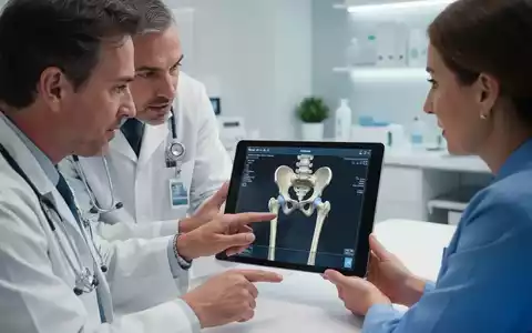 Ein Arzt und eine Patientin betrachten gemeinsam ein Tablet mit einem 3D-Modell eines Hüftgelenks, während der Arzt Erklärungen gibt. - Foto: über boerse-global.de
