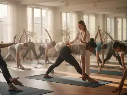 Eine Gruppe von Personen praktiziert Hatha-Yoga in einem hellen, ruhigen Studio, wobei ein Instruktor sanft anleitet. - Foto: über boerse-global.de