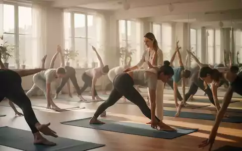 Eine Gruppe von Personen praktiziert Hatha-Yoga in einem hellen, ruhigen Studio, wobei ein Instruktor sanft anleitet. - Foto: über boerse-global.de