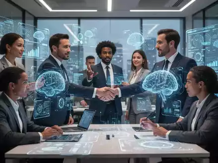 Unternehmer und Manager interagieren mit KI-gestützten Systemen, die als autonome Partner in Geschäftsprozesse integriert sind. - Foto: über boerse-global.de