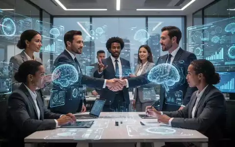 Unternehmer und Manager interagieren mit KI-gestützten Systemen, die als autonome Partner in Geschäftsprozesse integriert sind. - Foto: über boerse-global.de