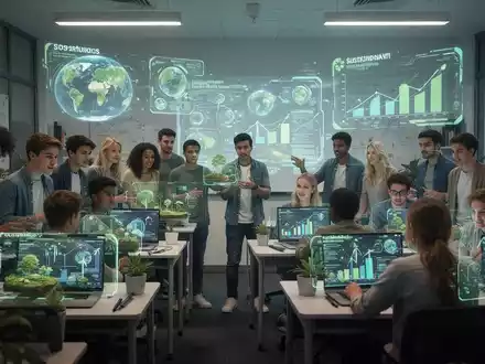 Junge Erwachsene spielen ein Simulationsspiel zu Nachhaltigkeit mit holografischen Projektionen in einem modernen Klassenzimmer. - Foto: über boerse-global.de