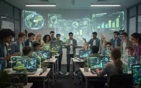 Junge Erwachsene spielen ein Simulationsspiel zu Nachhaltigkeit mit holografischen Projektionen in einem modernen Klassenzimmer. - Foto: über boerse-global.de