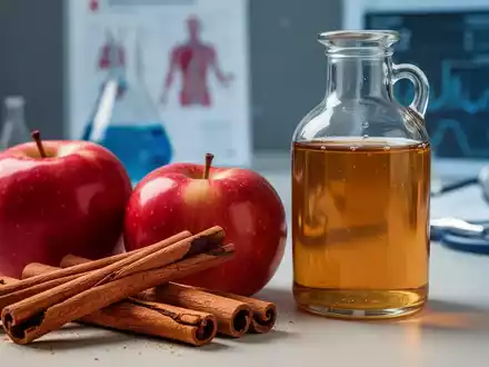 Zimtstangen und Äpfel neben einer Flasche Apfelessig, mit einem unscharfen medizinischen Hintergrund, der Forschung andeutet. - Foto: über boerse-global.de