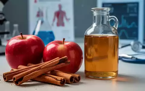 Zimtstangen und Äpfel neben einer Flasche Apfelessig, mit einem unscharfen medizinischen Hintergrund, der Forschung andeutet. - Foto: über boerse-global.de