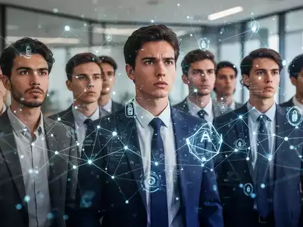 Junge Berufseinsteiger navigieren durch ein digitales Netz, das KI und Daten symbolisiert, in einem modernen Büro. Fokus auf Karriere und Zukunft. - Foto: über boerse-global.de