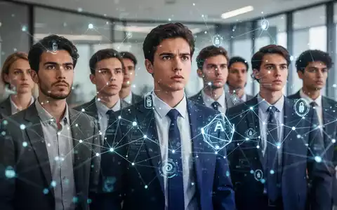 Junge Berufseinsteiger navigieren durch ein digitales Netz, das KI und Daten symbolisiert, in einem modernen Büro. Fokus auf Karriere und Zukunft. - Foto: über boerse-global.de
