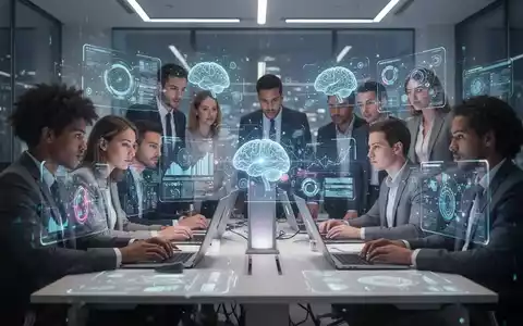 Eine vielfältige Gruppe von Fachleuten arbeitet in einem modernen Büro mit digitalen Bildschirmen, die Daten und KI-Konzepte zeigen. - Foto: über boerse-global.de