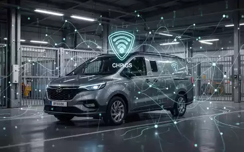 Ein modernes Flottenfahrzeug in einem high-tech Depot, mit Überlagerungen, die GPS-Ortung und Datenfluss darstellen. - Foto: über boerse-global.de