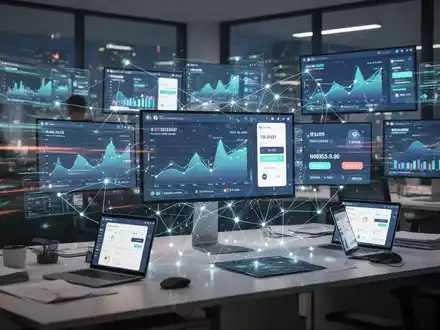 Ein modernes Büro mit Bildschirmen, die Finanzdaten und digitale Zahlungsschnittstellen anzeigen, umgeben von einem leuchtenden Netzwerk. - Foto: über boerse-global.de