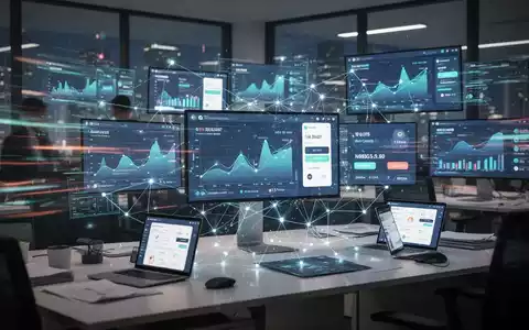 Ein modernes Büro mit Bildschirmen, die Finanzdaten und digitale Zahlungsschnittstellen anzeigen, umgeben von einem leuchtenden Netzwerk. - Foto: über boerse-global.de