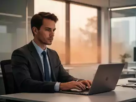 Ein fokussierter Büroangestellter arbeitet an einem Schreibtisch in einem kühlen, modernen Büro, während draußen Hitzeflimmern sichtbar ist. - Foto: über boerse-global.de