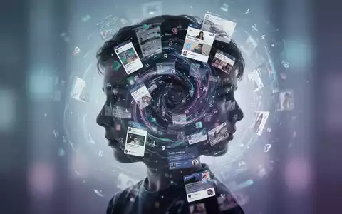 Eine Silhouette eines jungen Kopfes, gefüllt mit abstrakten, wirbelnden Social-Media-Feeds, vor einem unscharfen, blauen Hintergrund. - Foto: über boerse-global.de