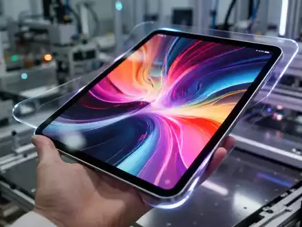 Nahaufnahme eines Tablets mit OLED-Bildschirm, der bunte abstrakte Muster zeigt, in einer Hand in einer Technologieeinrichtung. - Foto: über boerse-global.de