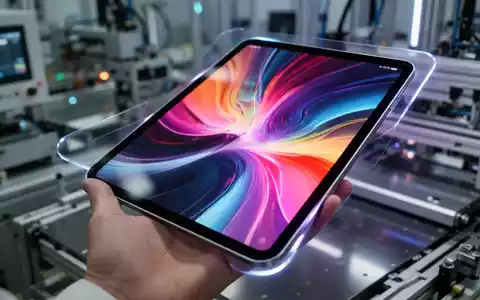 Nahaufnahme eines Tablets mit OLED-Bildschirm, der bunte abstrakte Muster zeigt, in einer Hand in einer Technologieeinrichtung. - Foto: über boerse-global.de