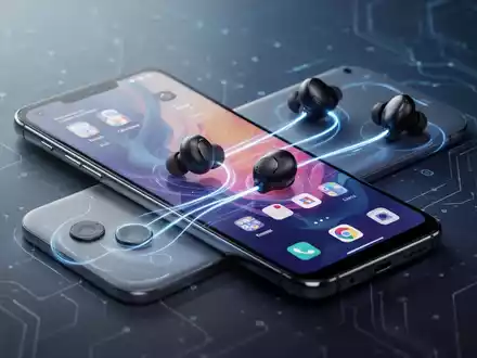 Ein OnePlus-Smartphone mit zwei Paar kabellosen Ohrhörern, verbunden durch leuchtend blaue Linien, symbolisiert Dual-Bluetooth-Audio. - Foto: über boerse-global.de