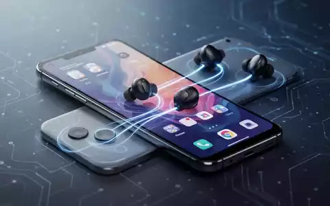 Ein OnePlus-Smartphone mit zwei Paar kabellosen Ohrhörern, verbunden durch leuchtend blaue Linien, symbolisiert Dual-Bluetooth-Audio. - Foto: über boerse-global.de