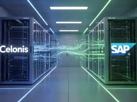 Eine stilisierte, futuristische digitale Datenmigration zwischen Server-Racks von Celonis und SAP in einem modernen Rechenzentrum. - Foto: über boerse-global.de