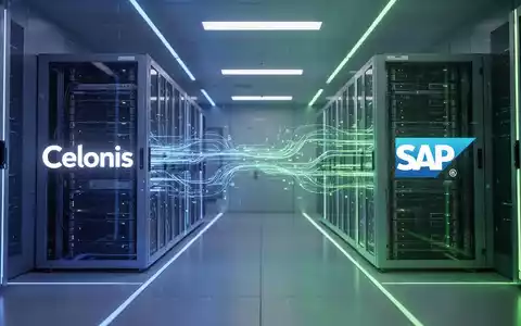 Eine stilisierte, futuristische digitale Datenmigration zwischen Server-Racks von Celonis und SAP in einem modernen Rechenzentrum. - Foto: über boerse-global.de