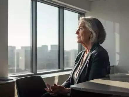 Eine ältere Person schaut gedankenverloren aus einem großen Fenster, das von hellem Tageslicht durchflutet wird. - Foto: über boerse-global.de