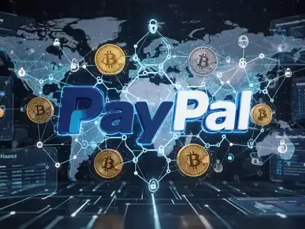 Stilisierte digitale PayPal-Logo-Darstellung mit Blockchain-Elementen und Stablecoin-Symbolen für globale Zahlungen. - Foto: über boerse-global.de
