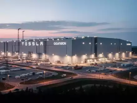 Die Tesla Gigafactory in Grünheide bei Sonnenuntergang, mit erleuchteten Gebäuden und einer modernen Industrielandschaft. - Foto: über boerse-global.de