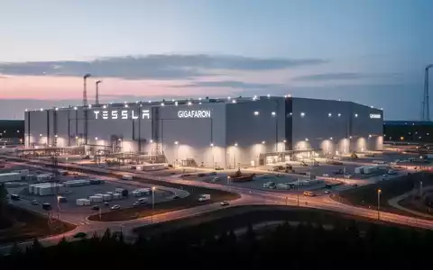 Die Tesla Gigafactory in Grünheide bei Sonnenuntergang, mit erleuchteten Gebäuden und einer modernen Industrielandschaft. - Foto: über boerse-global.de