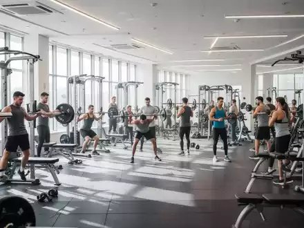 Ein modernes Fitnessstudio mit Krafttrainingsgeräten und Athletikbereichen, in dem Menschen trainieren. Helle, offene Atmosphäre. - Foto: über boerse-global.de