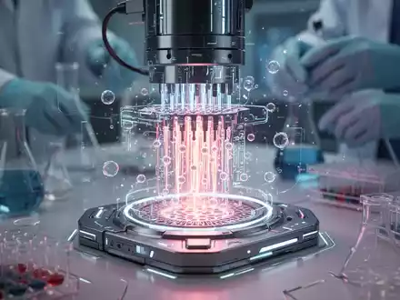 Nahaufnahme eines futuristischen Nanopore-Sequenzierungsgeräts mit Laborgeräten und unscharfen Händen im Hintergrund. - Foto: über boerse-global.de