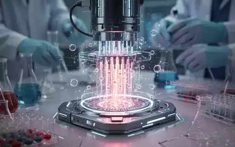 Nahaufnahme eines futuristischen Nanopore-Sequenzierungsgeräts mit Laborgeräten und unscharfen Händen im Hintergrund. - Foto: über boerse-global.de