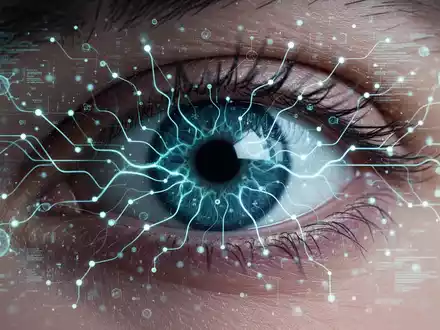 Nahaufnahme eines menschlichen Auges mit einer digitalen Überlagerung, die neuronale Netzwerkmuster und Datenpunkte zeigt. - Foto: über boerse-global.de