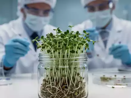 Nahaufnahme von Luzernesprossen in einem Glasgefäß mit einem Wissenschaftler im Hintergrund, der eine Petrischale untersucht. - Foto: über boerse-global.de