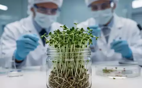 Nahaufnahme von Luzernesprossen in einem Glasgefäß mit einem Wissenschaftler im Hintergrund, der eine Petrischale untersucht. - Foto: über boerse-global.de