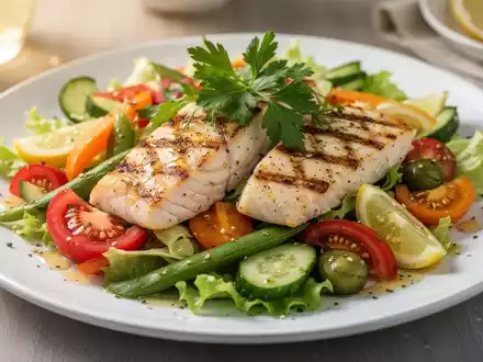 Ein kunstvoll arrangierter, leichter Sommersalat mit frischem Gemüse, gegrilltem Fisch und hellem Dressing auf einem Teller. - Foto: über boerse-global.de