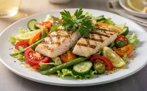 Ein kunstvoll arrangierter, leichter Sommersalat mit frischem Gemüse, gegrilltem Fisch und hellem Dressing auf einem Teller. - Foto: über boerse-global.de