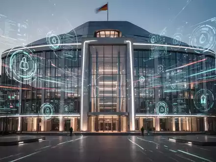 Moderner Regierungsbau in Berlin mit digitalen Overlays, die die Digitalisierung der öffentlichen Verwaltung und Dienstleistungen darstellen. - Foto: über boerse-global.de