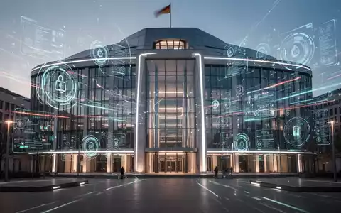 Moderner Regierungsbau in Berlin mit digitalen Overlays, die die Digitalisierung der öffentlichen Verwaltung und Dienstleistungen darstellen. - Foto: über boerse-global.de