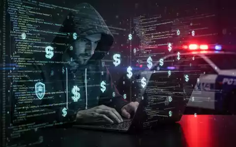 Person in Kapuzenjacke tippt auf Laptop, umgeben von Codezeilen und Kryptowährungssymbolen, mit Reflexion von Polizeilichtern. - Foto: über boerse-global.de