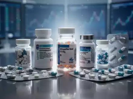 Nahaufnahme von Medikamentenflaschen und Blisterpackungen auf einer reflektierenden Oberfläche, die Preistrends und Innovationen in der Pharmaindustrie symbolisieren. - Foto: über boerse-global.de