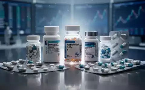 Nahaufnahme von Medikamentenflaschen und Blisterpackungen auf einer reflektierenden Oberfläche, die Preistrends und Innovationen in der Pharmaindustrie symbolisieren. - Foto: über boerse-global.de
