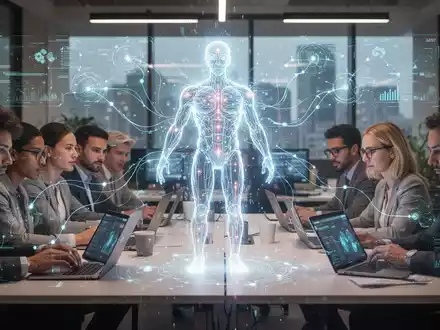 Eine futuristische KI-Entität, die nahtlos in ein modernes Büro mit arbeitenden Menschen integriert ist und Teamwork und Technologie symbolisiert. - Foto: über boerse-global.de