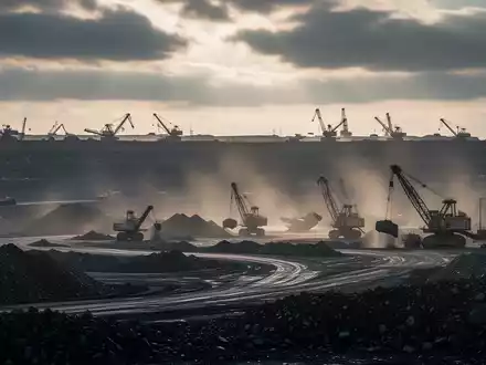 Eine weite Tagebaulandschaft mit schweren Maschinen unter dramatischem Himmel, die industrielle Rohstoffgewinnung darstellt. - Foto: über boerse-global.de