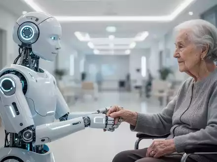 Ein humanoiden Roboter mit freundlichem Gesicht hält sanft die Hand einer älteren Person, Symbol für Fürsorge und moderne Technologie. - Foto: über boerse-global.de